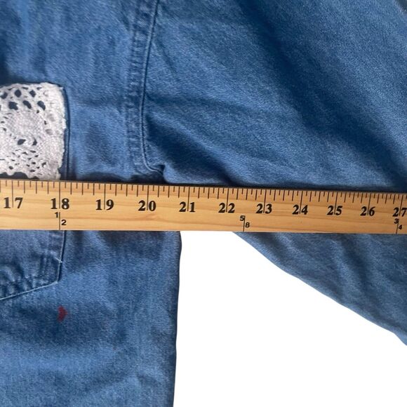 Haik's Vintage 90s Medium Denim Cottage Lace Rose Floral Embrodered Button Up - Picture 9 of 10